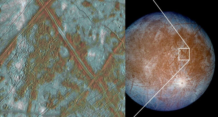Почему под льдами на спутнике Европа возникают течения. Трещины на поверхности Европы возникают из-за сильного гравитационного воздействия Юпитера. Фото.